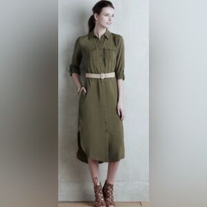 MAEVE ANTHROPOLOGIE Olive Green Midi Length Rayon Fall Shirt Dress Size 6